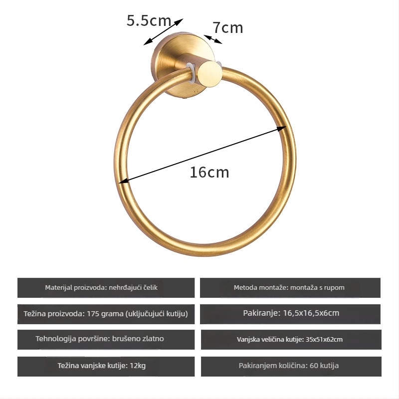 Set držača za ručnike od nehrđajućeg čelika bez bušenja – nosivost 10 kg, uključuje držač za ručnike, prsten, jednoručnu šipku, kukicu i držač papirnate maramice