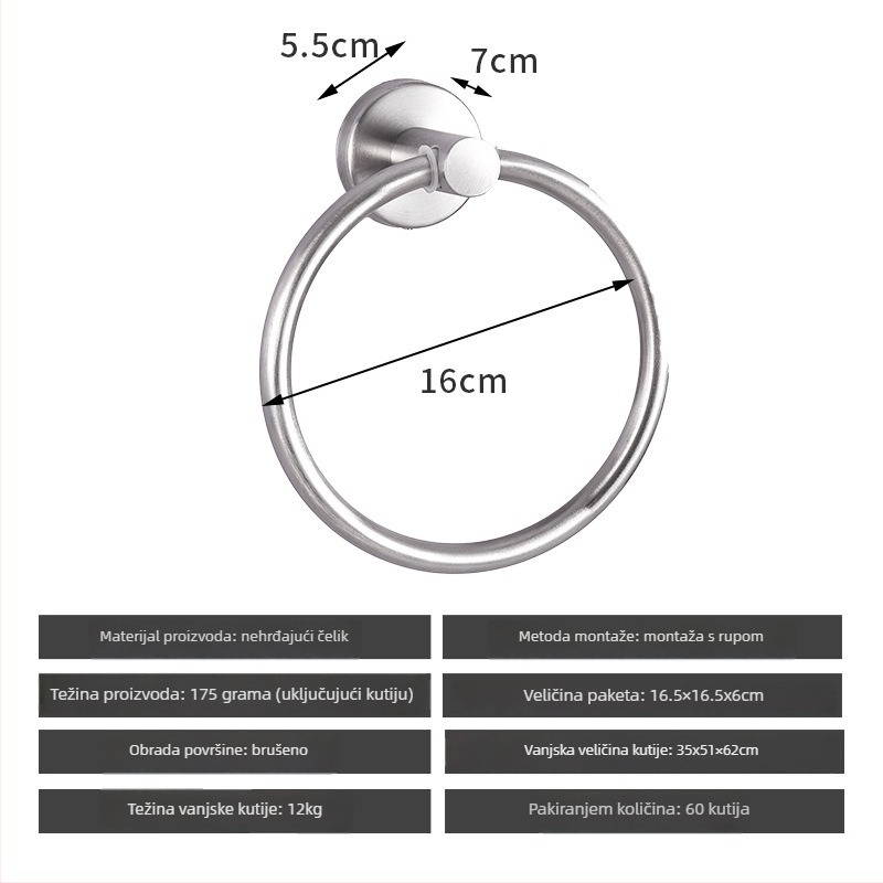 Set držača za ručnike od nehrđajućeg čelika bez bušenja – nosivost 10 kg, uključuje držač za ručnike, prsten, jednoručnu šipku, kukicu i držač papirnate maramice