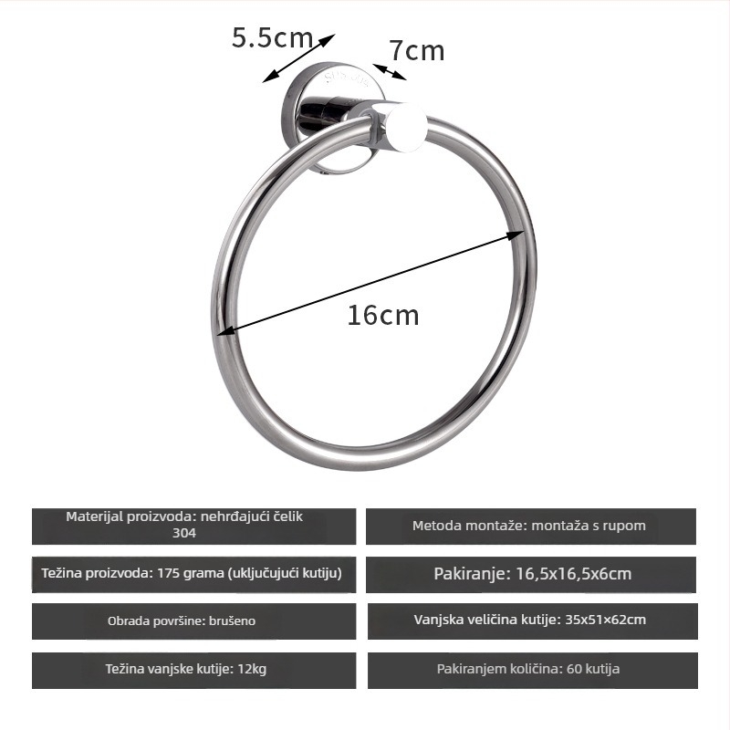 Set držača za ručnike od nehrđajućeg čelika bez bušenja – nosivost 10 kg, uključuje držač za ručnike, prsten, jednoručnu šipku, kukicu i držač papirnate maramice