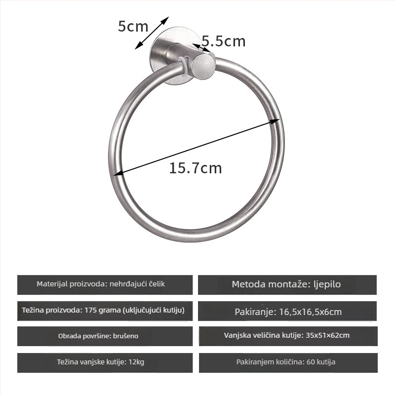 Set držača za ručnike od nehrđajućeg čelika bez bušenja – nosivost 10 kg, uključuje držač za ručnike, prsten, jednoručnu šipku, kukicu i držač papirnate maramice