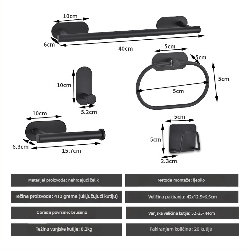 Set držača za ručnike od nehrđajućeg čelika bez bušenja – nosivost 10 kg, uključuje držač za ručnike, prsten, jednoručnu šipku, kukicu i držač papirnate maramice