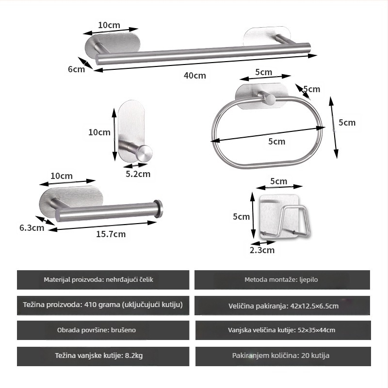 Set držača za ručnike od nehrđajućeg čelika bez bušenja – nosivost 10 kg, uključuje držač za ručnike, prsten, jednoručnu šipku, kukicu i držač papirnate maramice