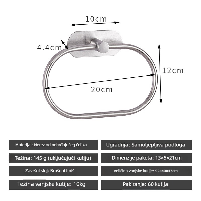 Set držača za ručnike od nehrđajućeg čelika bez bušenja – nosivost 10 kg, uključuje držač za ručnike, prsten, jednoručnu šipku, kukicu i držač papirnate maramice