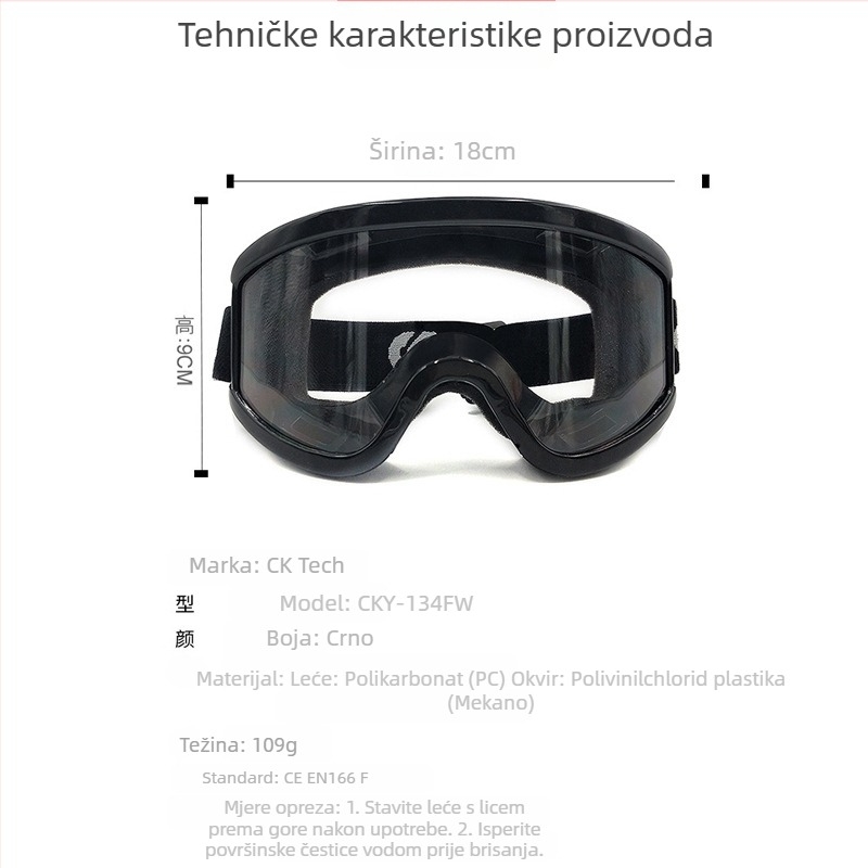 CKY-134FW Zaštitne naočale s anti-fog, otpornošću na prašinu i vjetar, otporno na prskanje i udarce; Materijal: PC; Debljina leće: 1 mm; Standard GB 14866-2006