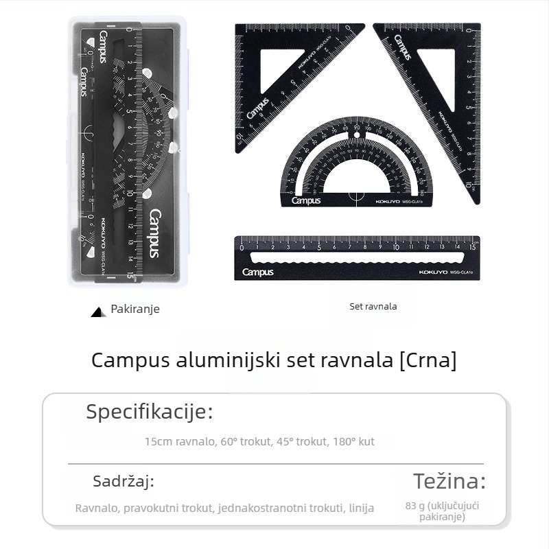 Kokuyo CLCA plastični set ravnala s prozirnim kutomjerom i trokutastim ravnalom, težina 0,095 kg