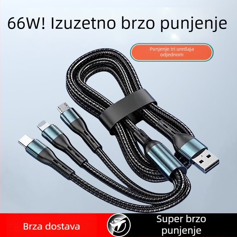 Kabel tri u jedan, pleteni kabel s konektorima jedan na tri, Micro USB, duljina 0,5–1 m, brzo punjenje, kompatibilan s Apple, Huawei i Android telefonima