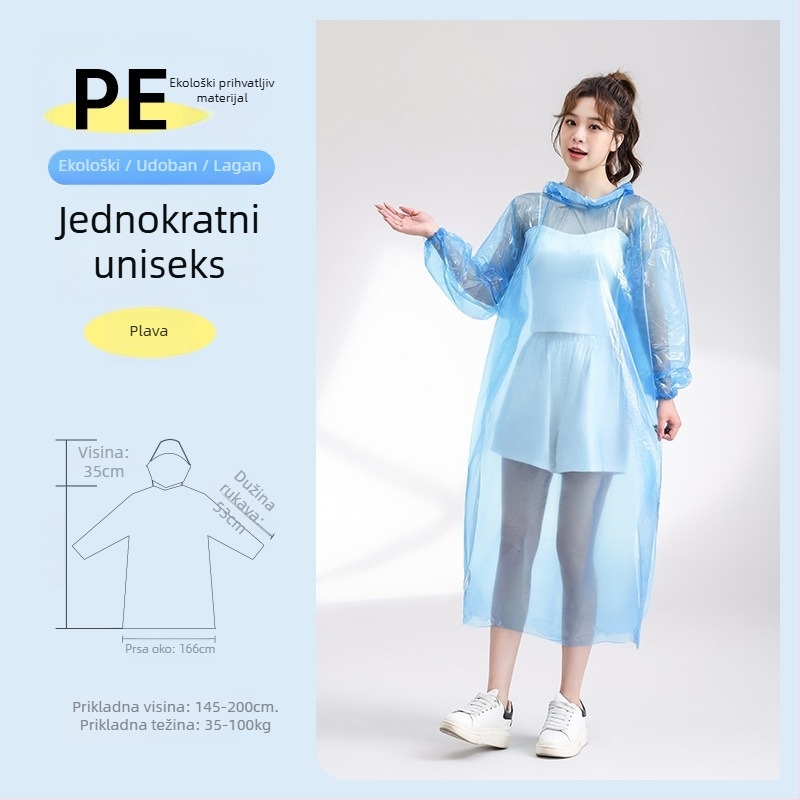 Jednokratno kišno pončo, debelo i produženo, otporno na eksploziju, prozirno, PE tkanina, 110 g, za odrasle, planinski pončo