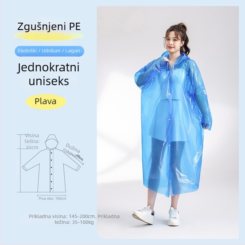 Jednokratno kišno pončo, debelo i produženo, otporno na eksploziju, prozirno, PE tkanina, 110 g, za odrasle, planinski pončo