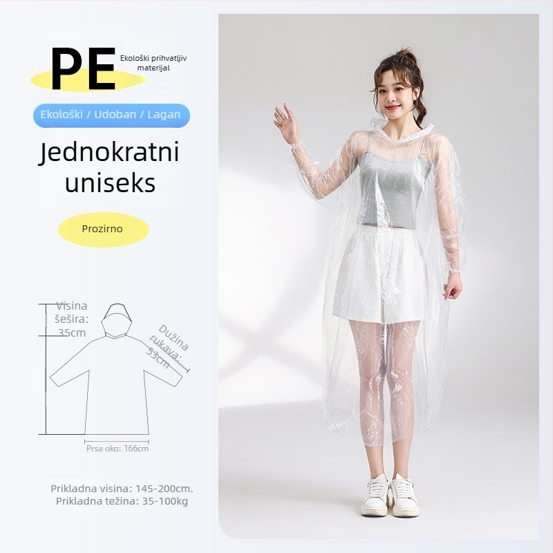 Jednokratno kišno pončo, debelo i produženo, otporno na eksploziju, prozirno, PE tkanina, 110 g, za odrasle, planinski pončo