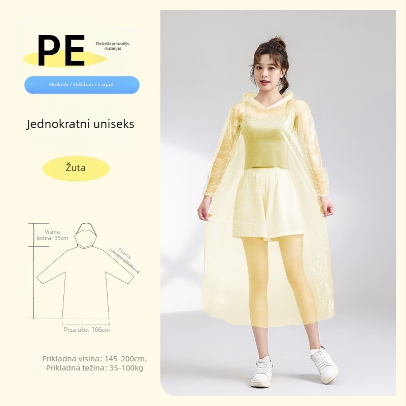 Jednokratno kišno pončo, debelo i produženo, otporno na eksploziju, prozirno, PE tkanina, 110 g, za odrasle, planinski pončo