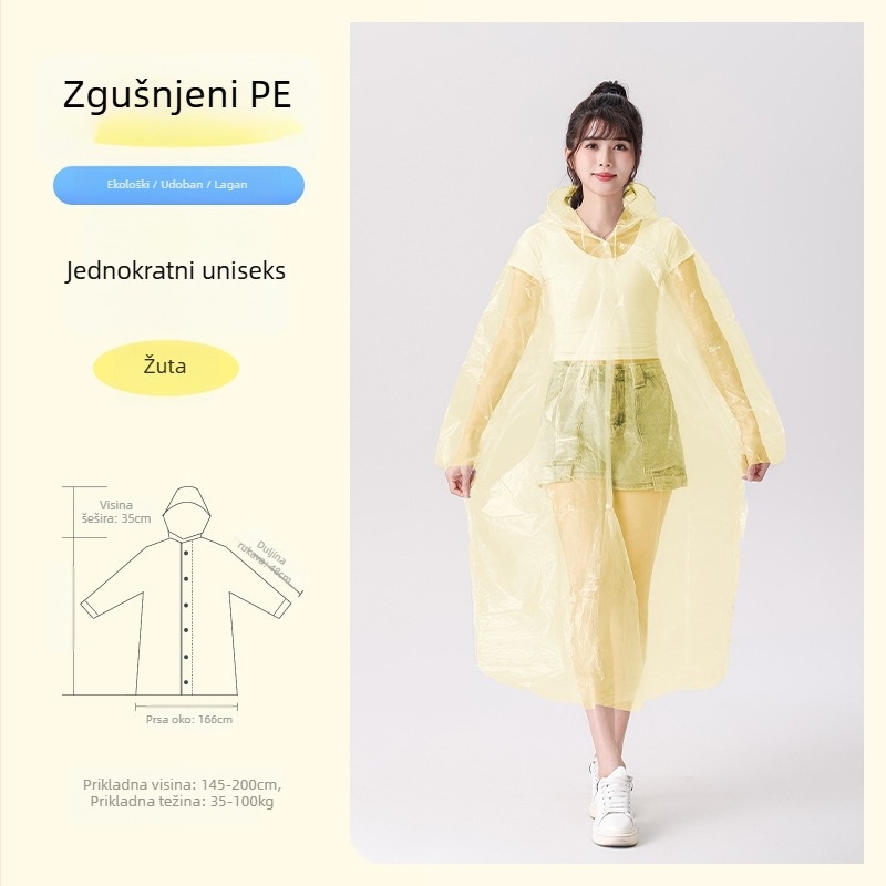Jednokratno kišno pončo, debelo i produženo, otporno na eksploziju, prozirno, PE tkanina, 110 g, za odrasle, planinski pončo