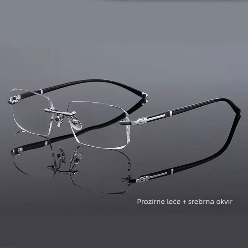 Bezokularne naočale za čitanje s rubom izrezanim dijamantom, anti-plava svjetlost, fotochromne leće, okvir od metala/PC-a, bezokvirne, kompatibilne s dioptrijom, za muškarce i žene