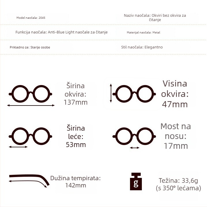 Rimless naočale za čitanje s gradijentnim lećama, anti-plavo svjetlo, anti-radiacija, asferične leće, PC leće, metalni okvir