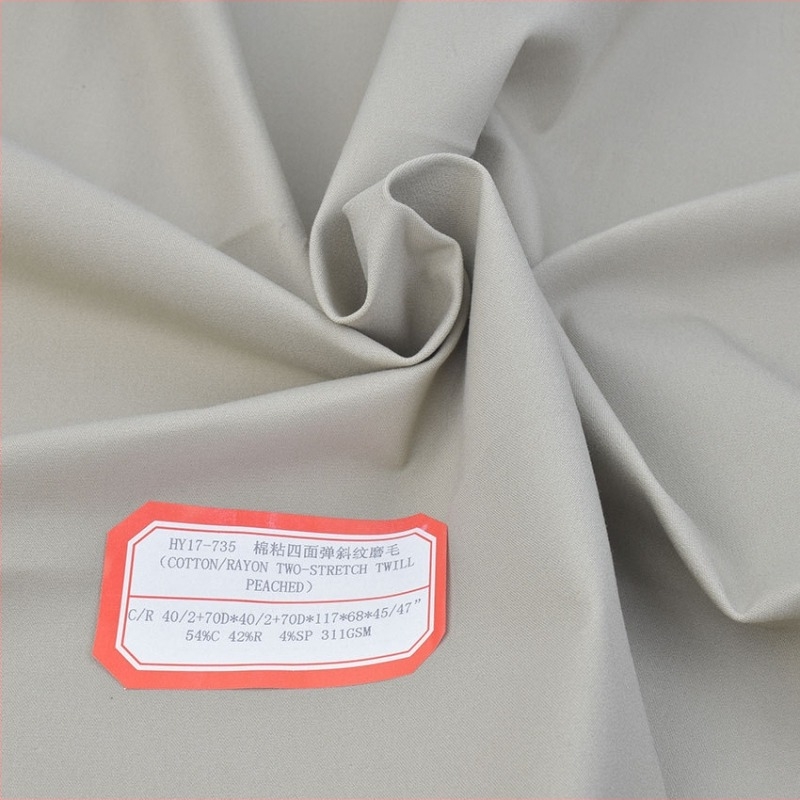 Elastični flanelni materijal s pamuk-viskozna smjesom, četverostruka elastičnost, twill tkanina, brušeni završni premaz