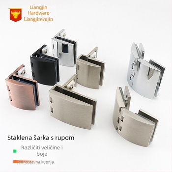 Staklena šarka za vrata vitrine, cinkov spoj, brušeni i sjajni završetak, moderan minimalistički stil, jednostruka i dvostruka montaža