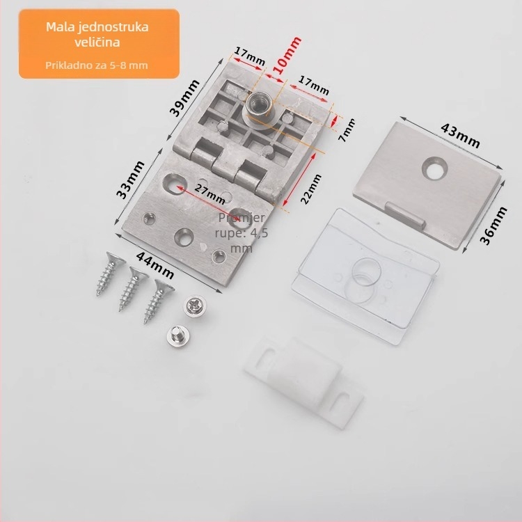 Staklena šarka za vrata vitrine, cinkov spoj, brušeni i sjajni završetak, moderan minimalistički stil, jednostruka i dvostruka montaža