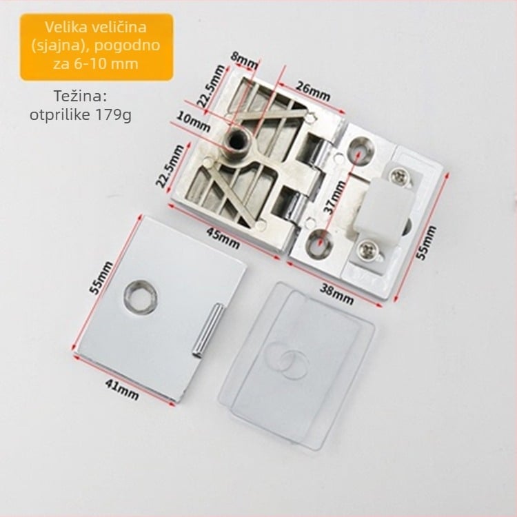 Staklena šarka za vrata vitrine, cinkov spoj, brušeni i sjajni završetak, moderan minimalistički stil, jednostruka i dvostruka montaža