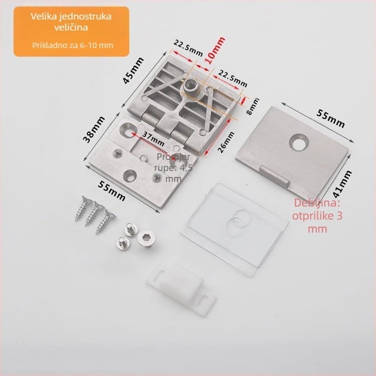 Staklena šarka za vrata vitrine, cinkov spoj, brušeni i sjajni završetak, moderan minimalistički stil, jednostruka i dvostruka montaža