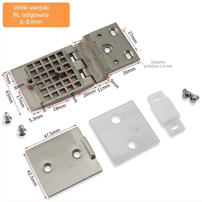 Staklena šarka za vrata vitrine, cinkov spoj, brušeni i sjajni završetak, moderan minimalistički stil, jednostruka i dvostruka montaža