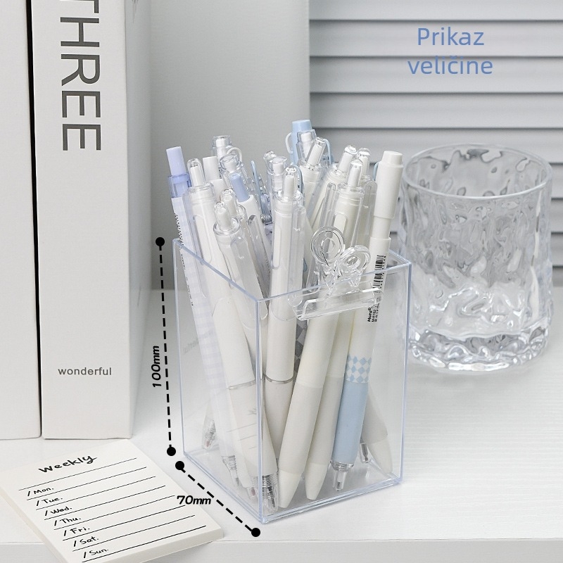 Stolni akrilni držač kozmetike – prikaz olovaka za obrve i skladište maski te četkica za sjenilo