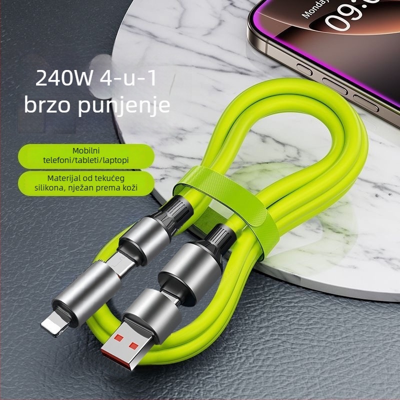 Visenmo silikonski 4-u-1 kabel za podatke s USB, Lightning i Type-C — 240W brzo punjenje