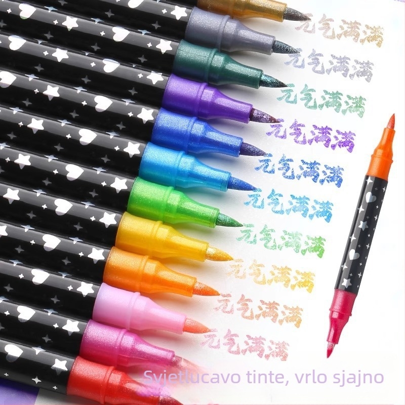 Set dvostrano glitter markera s bisernim vrhom, markeri za akvarel i akrilne markere; široka vrh; punjenja (Brand: Jiyu; 24 punjenja)