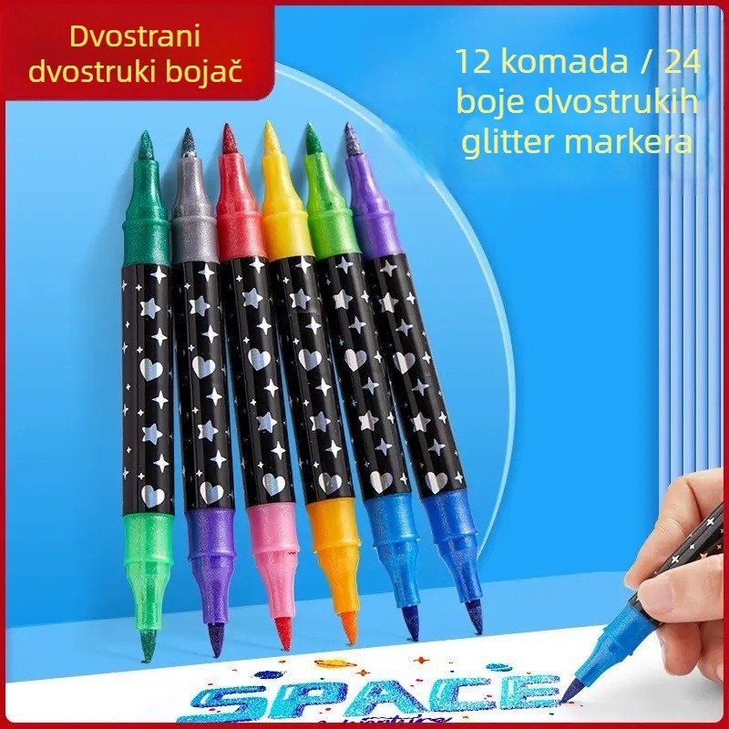 Set dvostrano glitter markera s bisernim vrhom, markeri za akvarel i akrilne markere; široka vrh; punjenja (Brand: Jiyu; 24 punjenja)