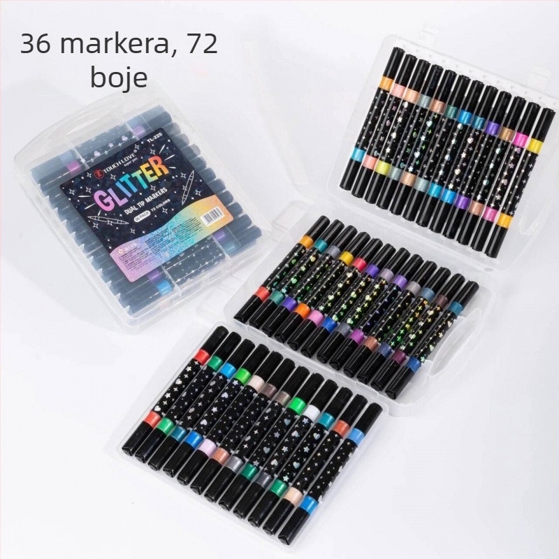 Set dvostrano glitter markera s bisernim vrhom, markeri za akvarel i akrilne markere; široka vrh; punjenja (Brand: Jiyu; 24 punjenja)