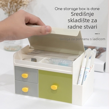 Stolni organizer za pohranu s ladicom i poklopom, držač olovke – model 5015, PS plast, kapacitet 1 L, dimenzije 18,6 × 10 × 11,1 cm, japanski stil