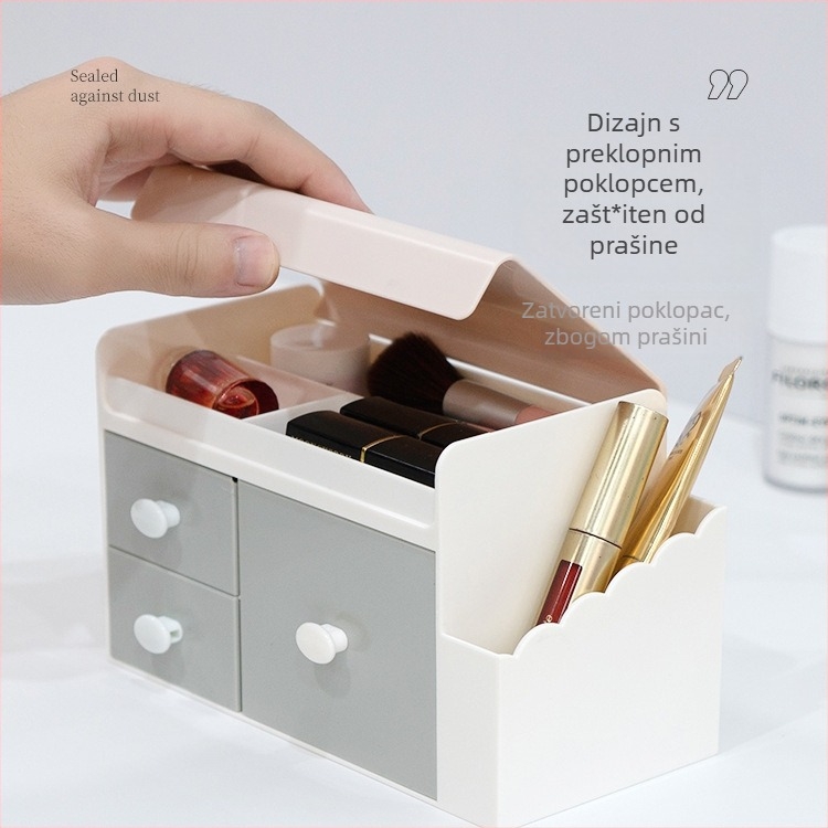 Stolni organizer za pohranu s ladicom i poklopom, držač olovke – model 5015, PS plast, kapacitet 1 L, dimenzije 18,6 × 10 × 11,1 cm, japanski stil