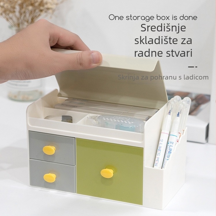 Stolni organizer za pohranu s ladicom i poklopom, držač olovke – model 5015, PS plast, kapacitet 1 L, dimenzije 18,6 × 10 × 11,1 cm, japanski stil