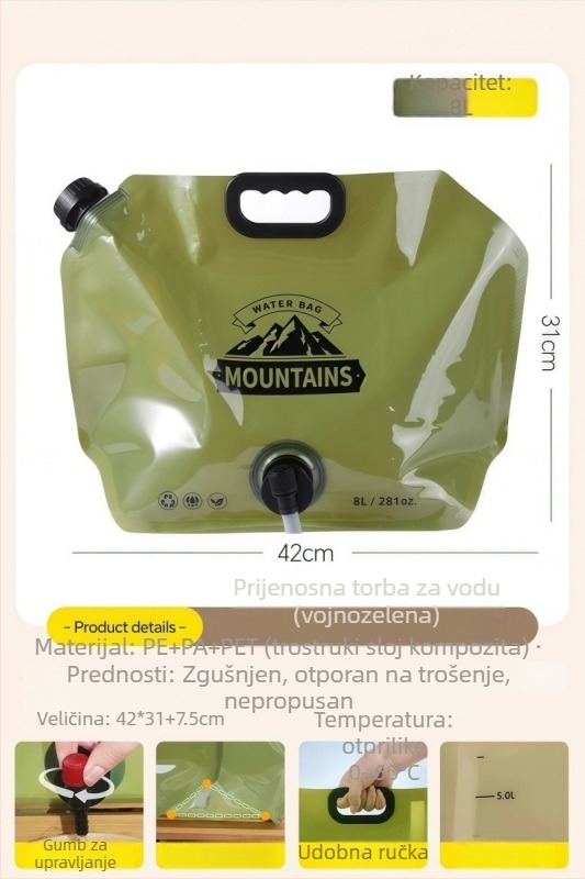 Vanjska vreća za vodu za kampiranje, debeli sklopivi spremnik za vodu, prehrambena kvaliteta, PE+nylon+PET, Zhongheng