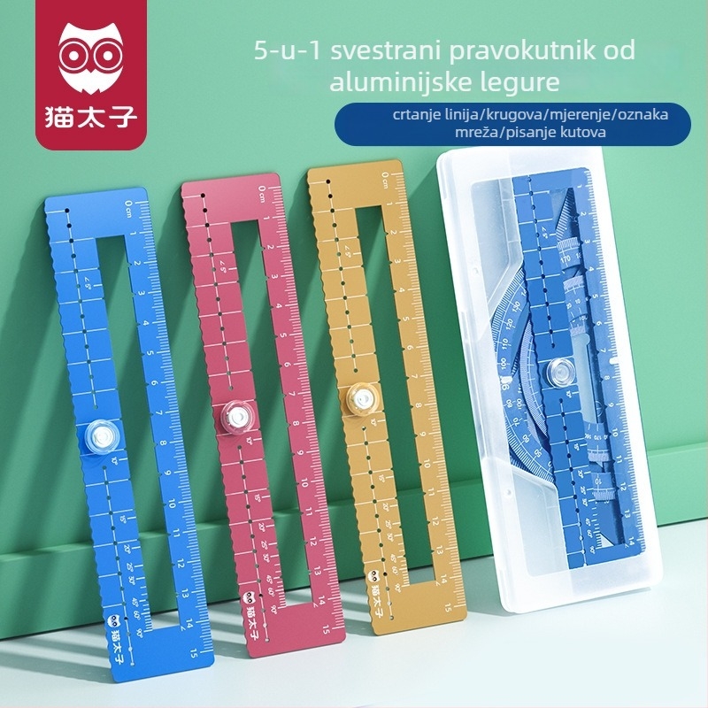 Cat Prince M1314-1 Univerzalni set ravnala od aluminijske legure, 4 dijela, uključuje trokutno ravnalo i kutomjer