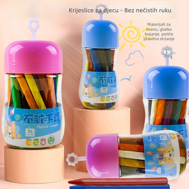 Plastične voskaste bojice za crtanje — Qianhui ddlb, Non-dirty Hand serija, cilindrično pakiranje, perive