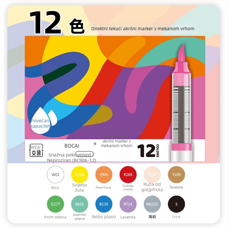 Bocai direktni tekući akrilni marker s mekim vrhom – vodootporna tinta, jednostavan za korištenje, pogodan za studentsko crtanje, stvara izražajne linije