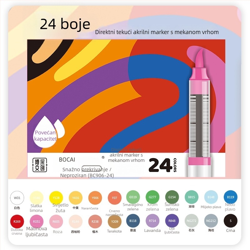 Bocai direktni tekući akrilni marker s mekim vrhom – vodootporna tinta, jednostavan za korištenje, pogodan za studentsko crtanje, stvara izražajne linije