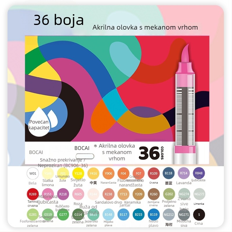 Bocai direktni tekući akrilni marker s mekim vrhom – vodootporna tinta, jednostavan za korištenje, pogodan za studentsko crtanje, stvara izražajne linije