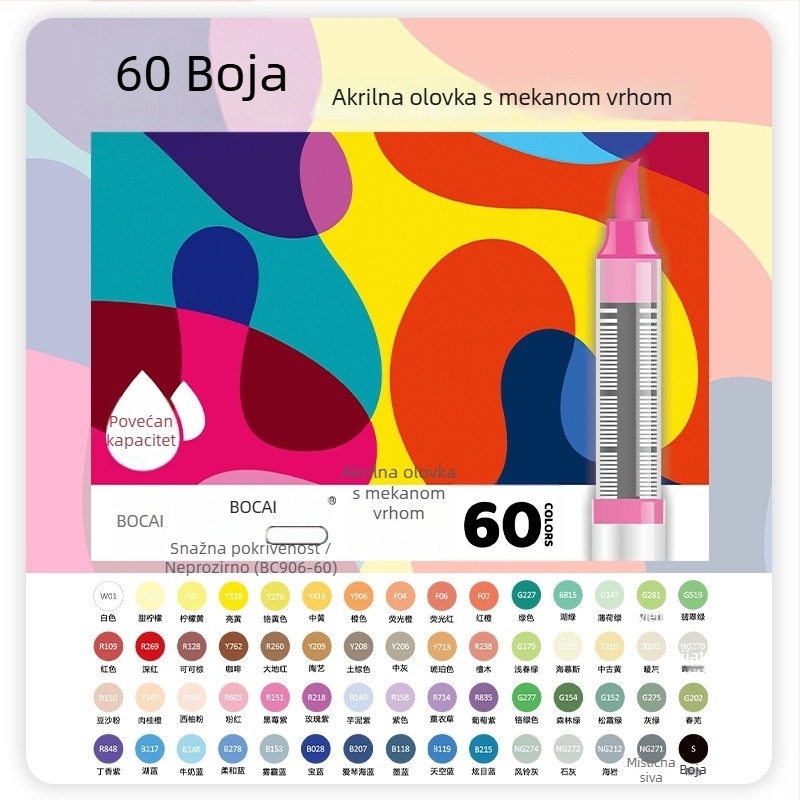 Bocai direktni tekući akrilni marker s mekim vrhom – vodootporna tinta, jednostavan za korištenje, pogodan za studentsko crtanje, stvara izražajne linije