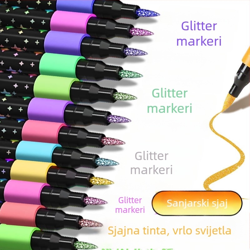 Marker sa glitterom i perlećim atramentom, brzo sušeći, slagajući dizajn, kompatibilan s akvarelom, mekan vrh, 60 boja