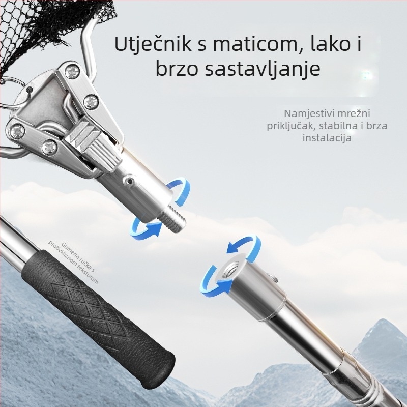 Nehrđajući čelični štap za mrežu za ribolov i set glave, teleskopni sklopivi štap s trokutastom glavom mreže, promjer Ø40 mm, dubina 35, fino mreža