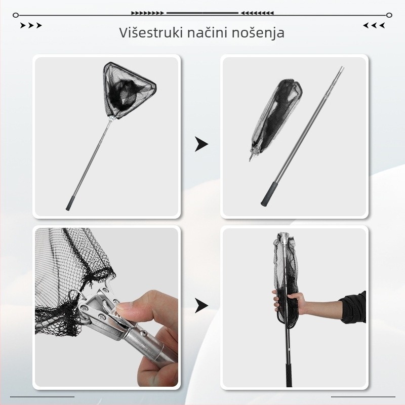 Nehrđajući čelični štap za mrežu za ribolov i set glave, teleskopni sklopivi štap s trokutastom glavom mreže, promjer Ø40 mm, dubina 35, fino mreža