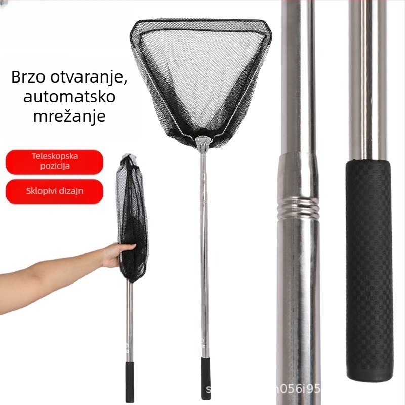 Nehrđajući čelični štap za mrežu za ribolov i set glave, teleskopni sklopivi štap s trokutastom glavom mreže, promjer Ø40 mm, dubina 35, fino mreža
