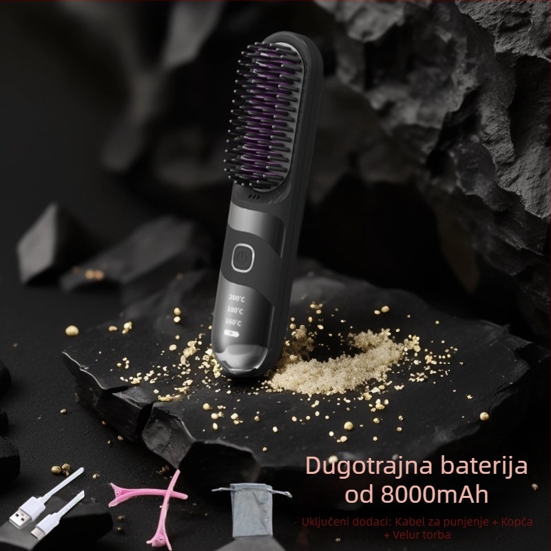 Bežični češalj za ravnanje i kovrčanje kose s turmalin-keramičkim, dvostruka upotreba, 3 postavke temperature, 30W, LCD zaslon