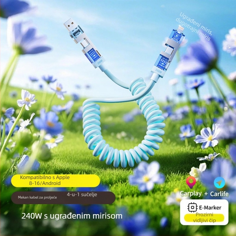 Spring Data Cable — Četiri u jednom konektori, sučelja Lightning, USB-A, Type-C, sklopivi silikon dizajn, maksimalna izlazna snaga 240W