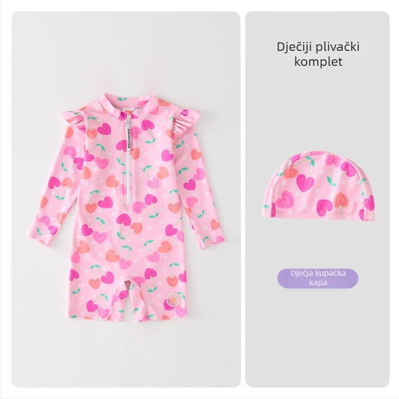 Dječji kupaći kostim za djevojčice s dugim rukavima, zaštita od sunca – Korean Heart dizajn, poliester 83%, šifra proizvoda Hx-2520, za plažu, ronjenje i surfanje.