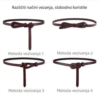 Ženski kaiš od prave kože s dekorativnim čvorom, uska širina <2 cm, pogodna za haljine i džempere; materijal: prava koža; kopča: PU umjetna koža; zatvaranje: kopča