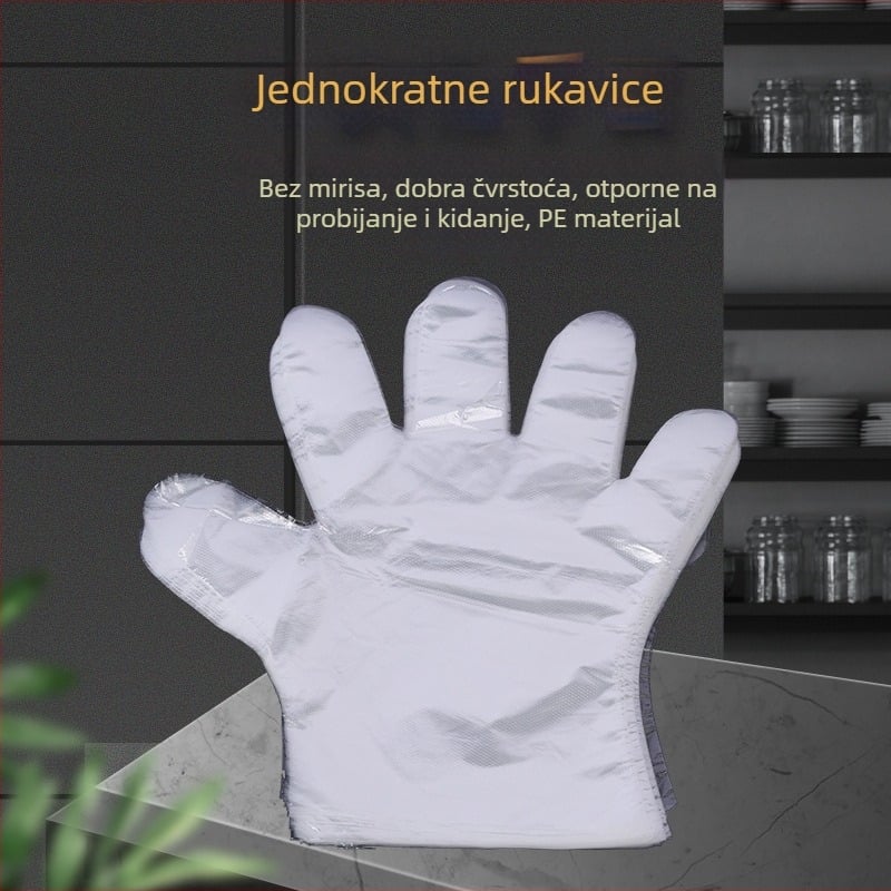 Jednokratne PE rukavice, prozirne, ojačane, otporne na ulje (Materijal: PE; Uzorak: Prozirno; Debljina: 1; Funkcija: Jednokratne rukavice otporne na ulje; Kvaliteta hrane)