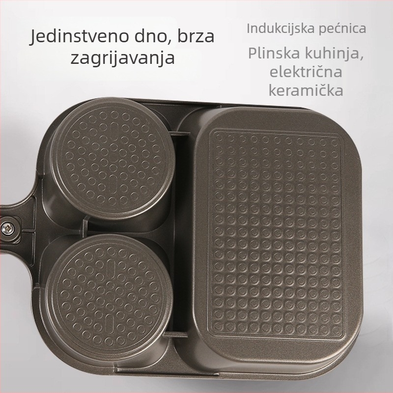 Tri u jedan tiganj za doručak — aluminij, neprijanjajuće dno, višeslojno dno, pogodan za omlete, jaja i steak, kompatibilan sa svim pločama štednjaka