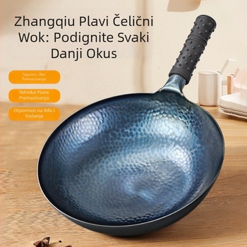 Wok od kovanog željeza s dvostrukim dnom, bez premaza, stakleni poklopac, univerzalno pogodan za plinske i indukcijske ploče