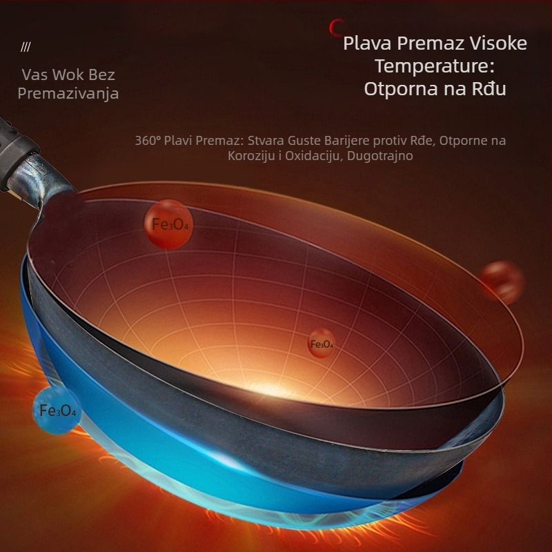Wok od kovanog željeza s dvostrukim dnom, bez premaza, stakleni poklopac, univerzalno pogodan za plinske i indukcijske ploče